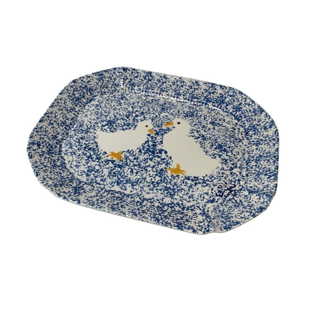 VTG‎ Serving Platter 16" White Ducks Blue Speckle Japan Ceramic Country Decor